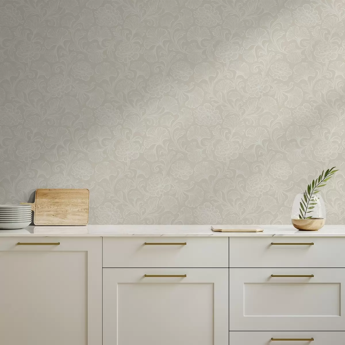 Behang Lichtpatroon met ginkgo en pioenrozen a00700