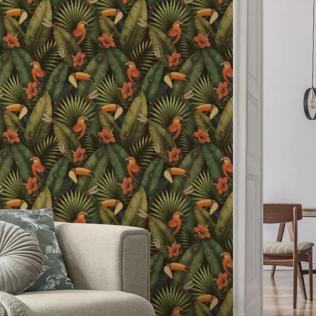 Behang Toekans en papegaaien tussen tropisch gebladerte en bloemen a00702 Behang Toekans en papegaaien tussen tropisch gebladerte en bloemen a00702