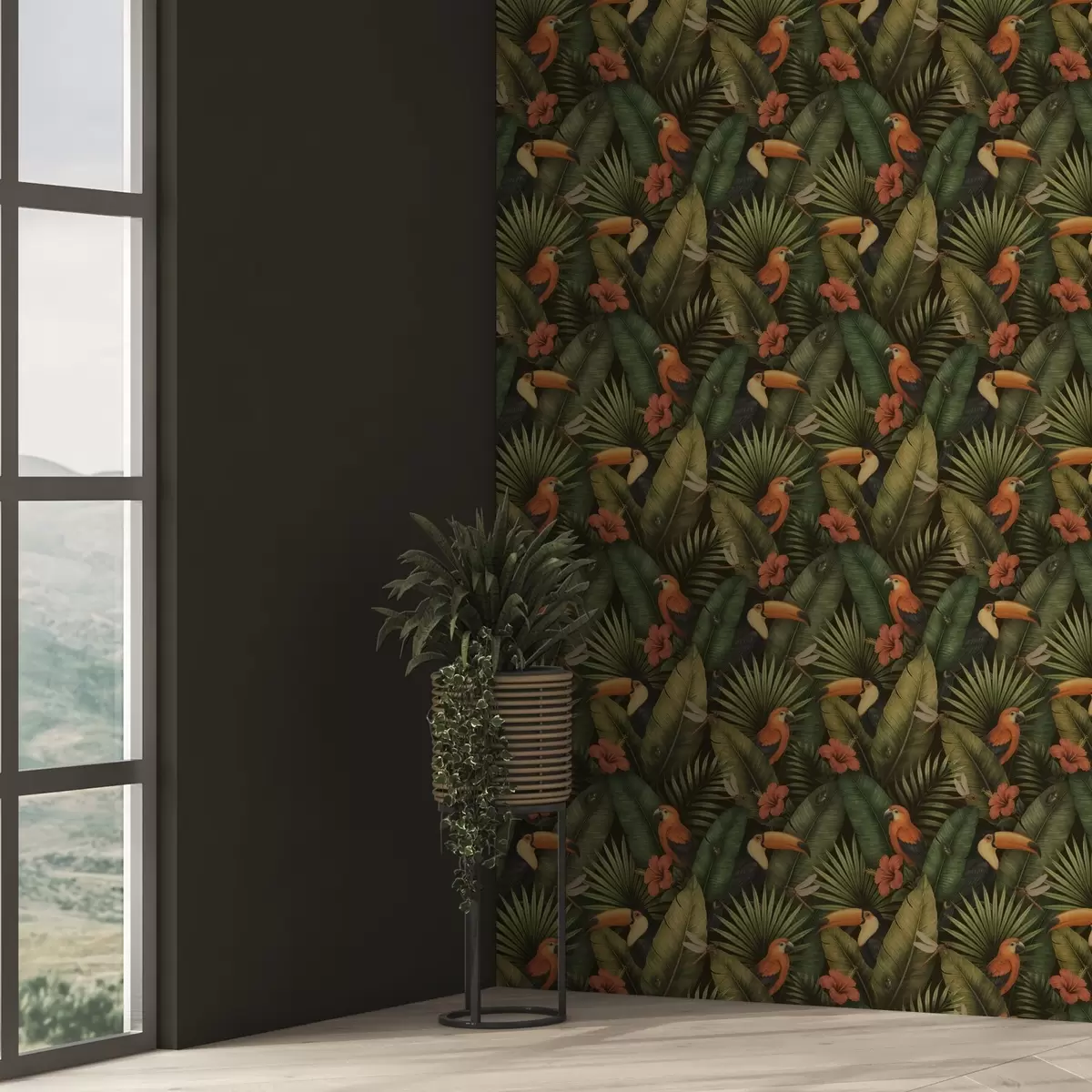 Behang Toekans en papegaaien tussen tropisch gebladerte en bloemen a00702