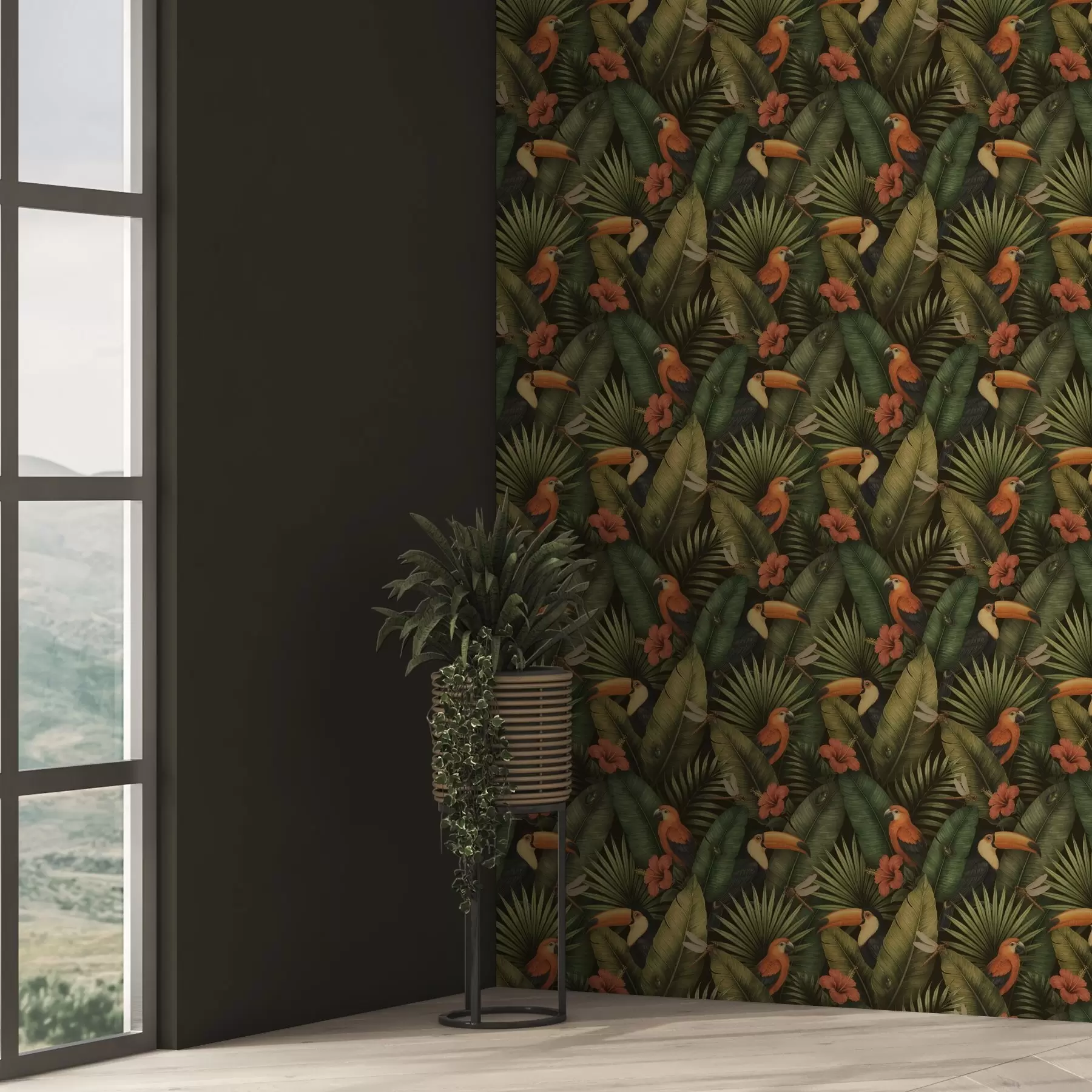 Fotobehang Toekans en papegaaien tussen tropisch gebladerte en bloemen a00702