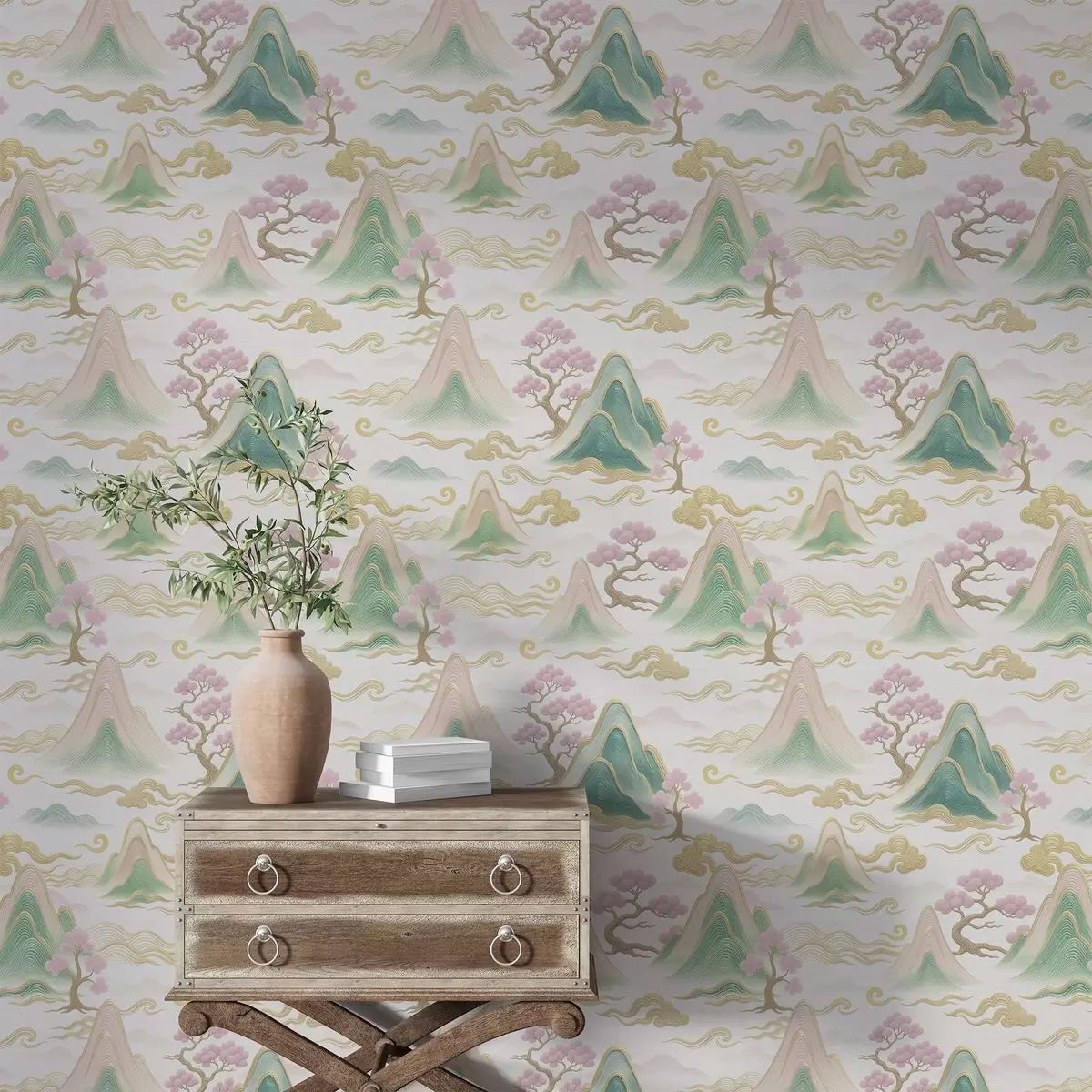 Behang Bergen, wolken en dennenbomen in een oosterse decoratieve stijl a00703