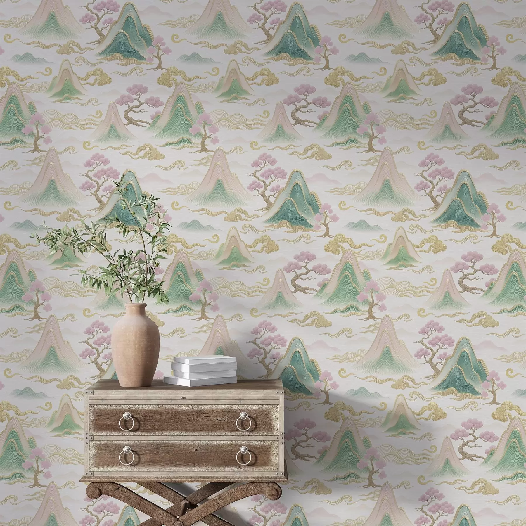 Fotobehang Bergen, wolken en dennenbomen in een oosterse decoratieve stijl a00703