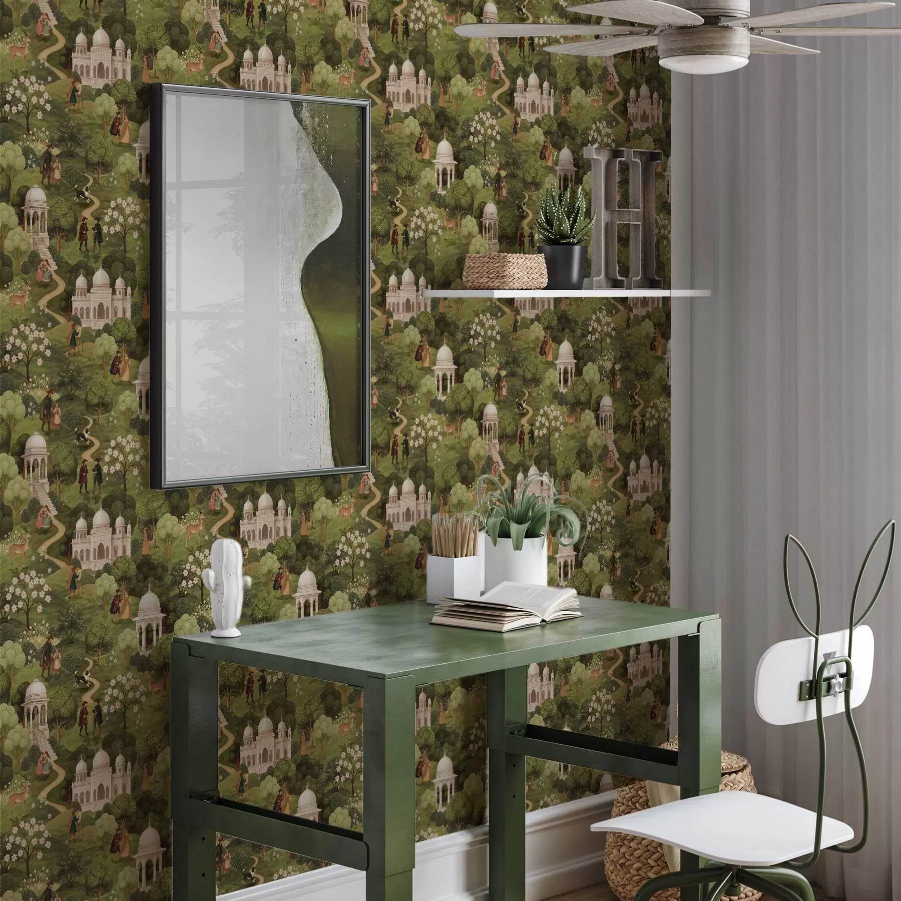 Fotobehang Parktafereel met bomen en architectuur in landschapsstijl a00705