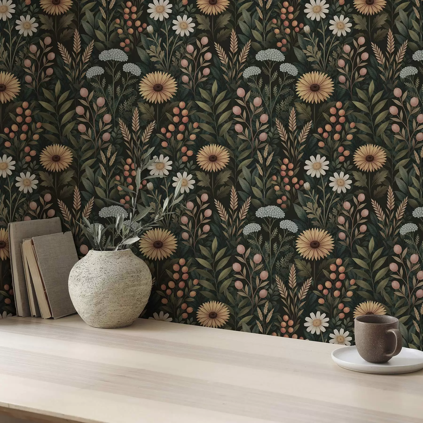 Fotobehang Wilde bloemen en bessen op een donkere achtergrond, natuurlijk ornament a00707