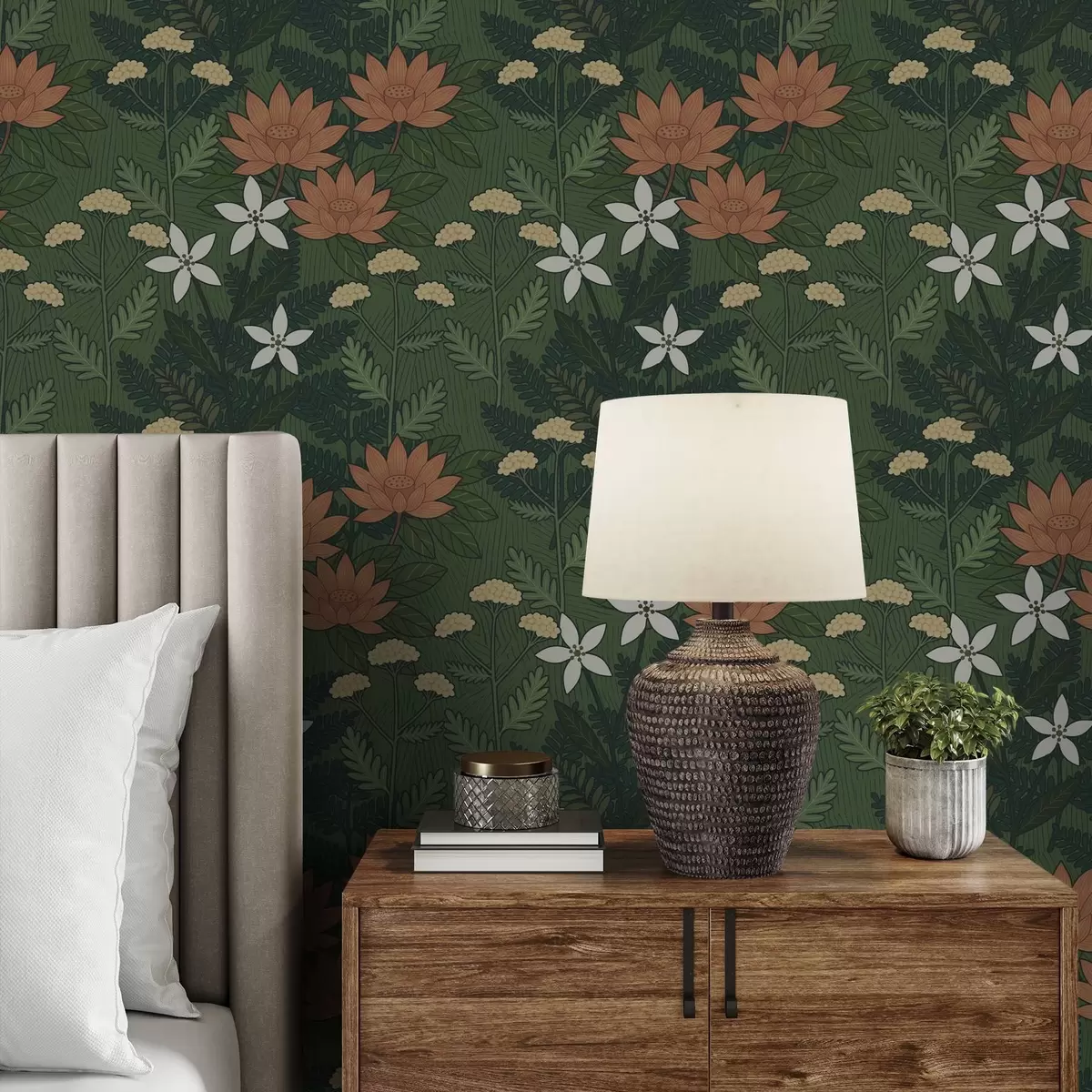 Behang Grote bloemen tussen groen blad, decoratieve compositie a00708