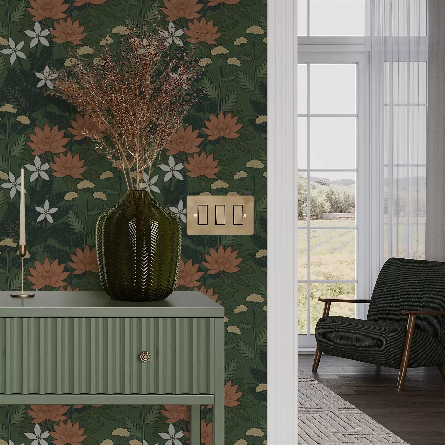 Fotobehang Grote bloemen tussen groen blad, decoratieve compositie a00708