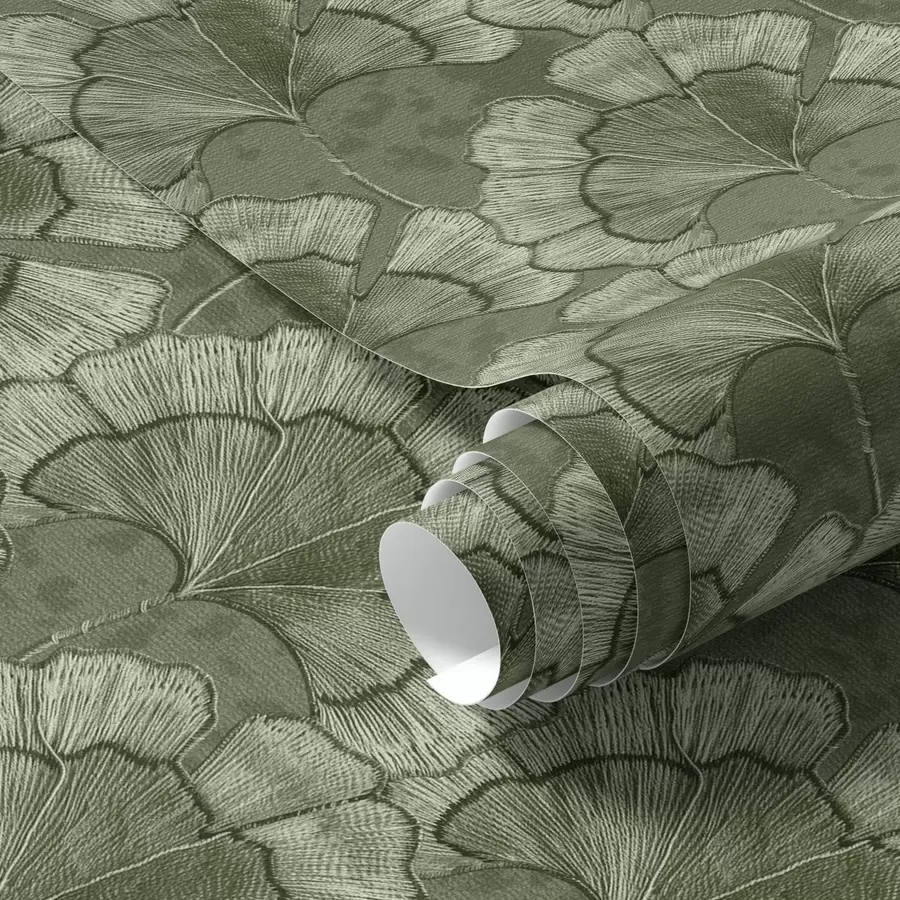 Fotobehang Grafisch patroon met ginkgo in een koel groen kleurenpalet a00709
