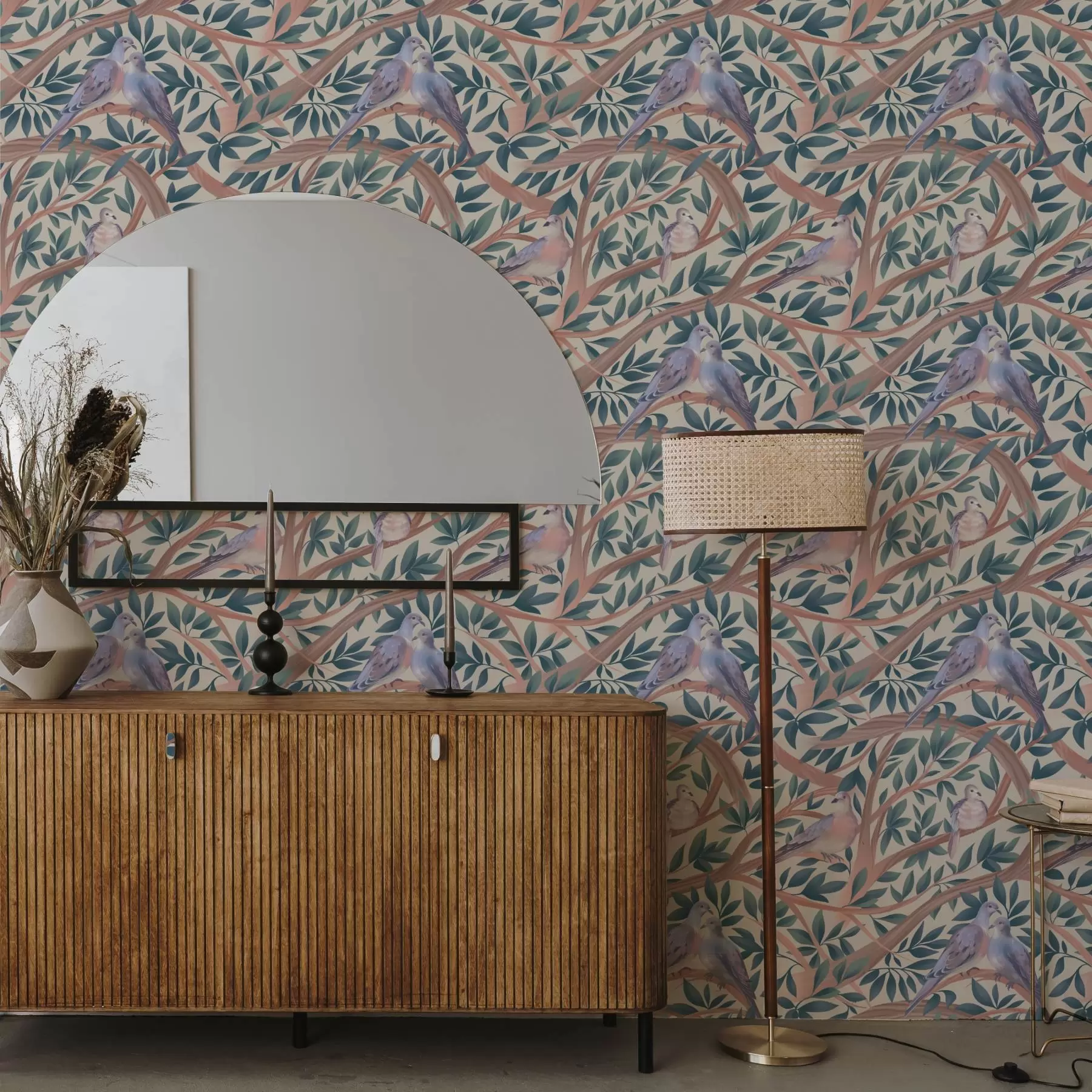 Fotobehang Duiven tussen takken en bladeren in een zacht pastelpalet a00796