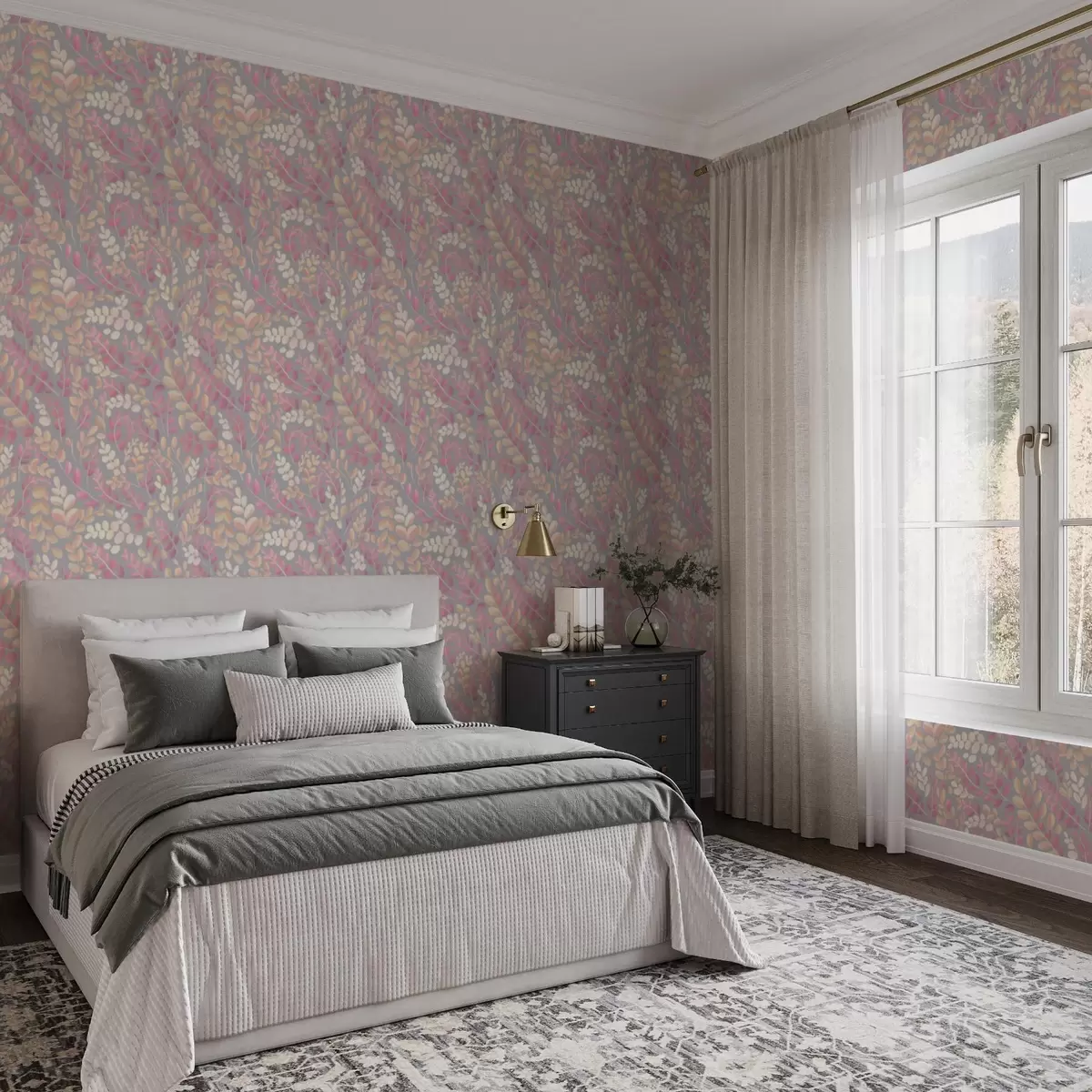 Behang Pastelkleurige takken met roze-perzikkleurig gebladerte op een grijze achtergrond a00799v1