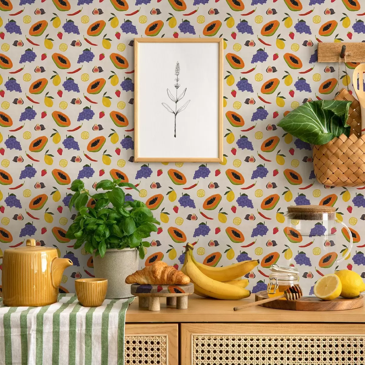 Behang Papaja, druiven en citroenen — een kleurrijke fruitmix a00803
