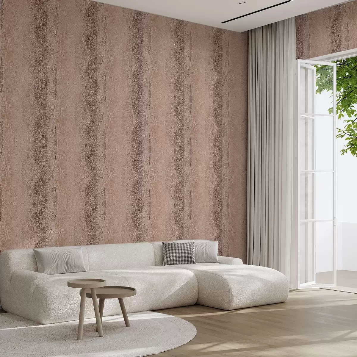 Behang Golvend geometrisch patroon in een licht beige-bruin kleurenpalet a00804