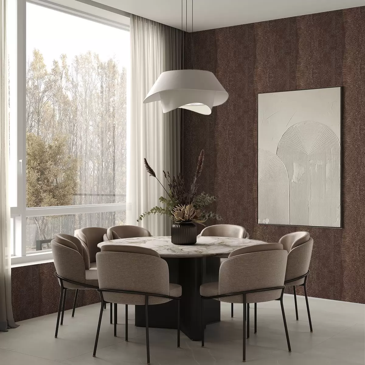 Behang Golvend abstract patroon in warme bruintinten a00804v1