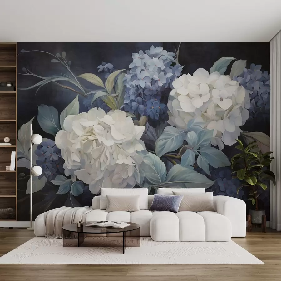 Fotobehang Getextureerde donkerblauwe schilderijimitatie van hortensiabloemen met grote bladeren, abstracte en donkere achtergrond w09465v1