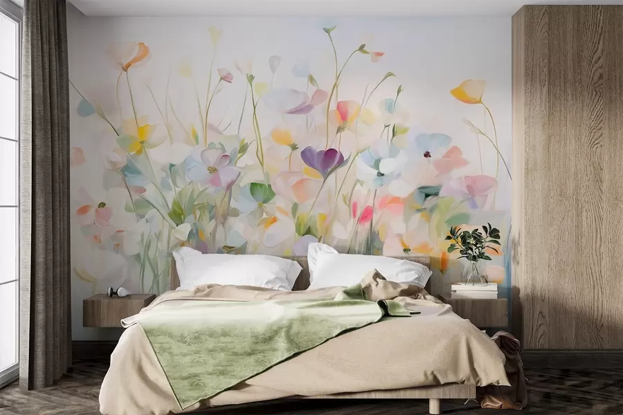 Fotobehang Abstract veld met kleurrijke bloemen met lange stelen en groene bladeren, gestructureerd, pastelkleuren, lichte kleuren w09466