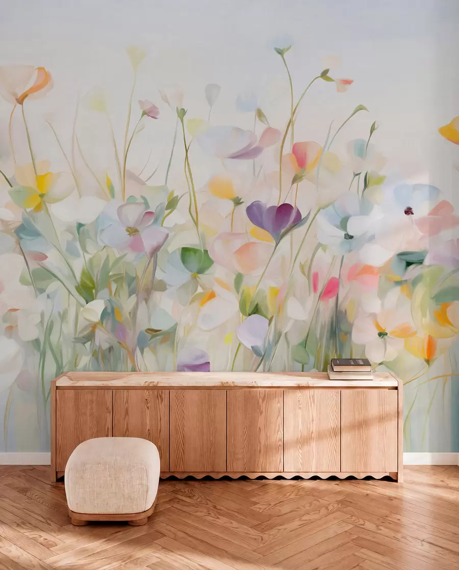 Fotobehang Abstract veld met kleurrijke bloemen met lange stelen en groene bladeren, gestructureerd, pastelkleuren, lichte kleuren w09466