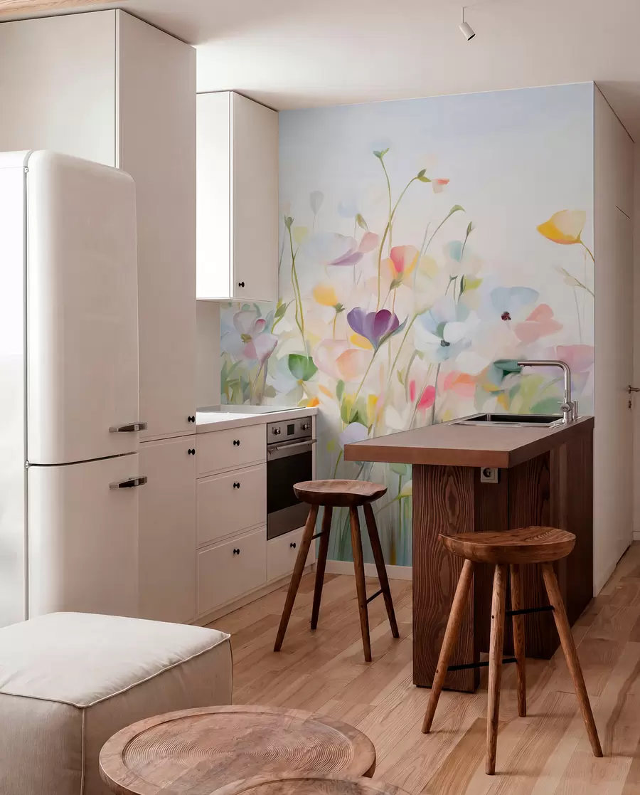 Fotobehang Abstract veld met kleurrijke bloemen met lange stelen en groene bladeren, gestructureerd, pastelkleuren, lichte kleuren w09466