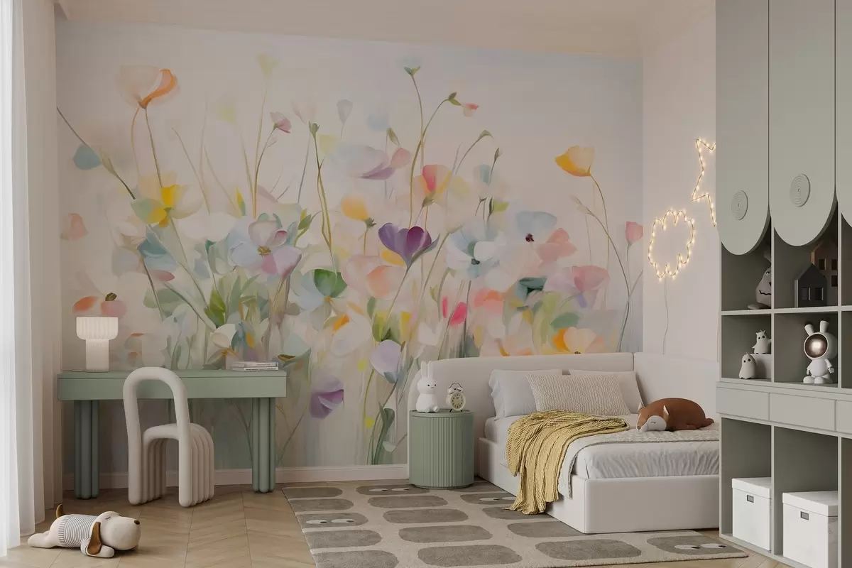 Fotobehang Abstract veld met kleurrijke bloemen met lange stelen en groene bladeren, gestructureerd, pastelkleuren, lichte kleuren w09466