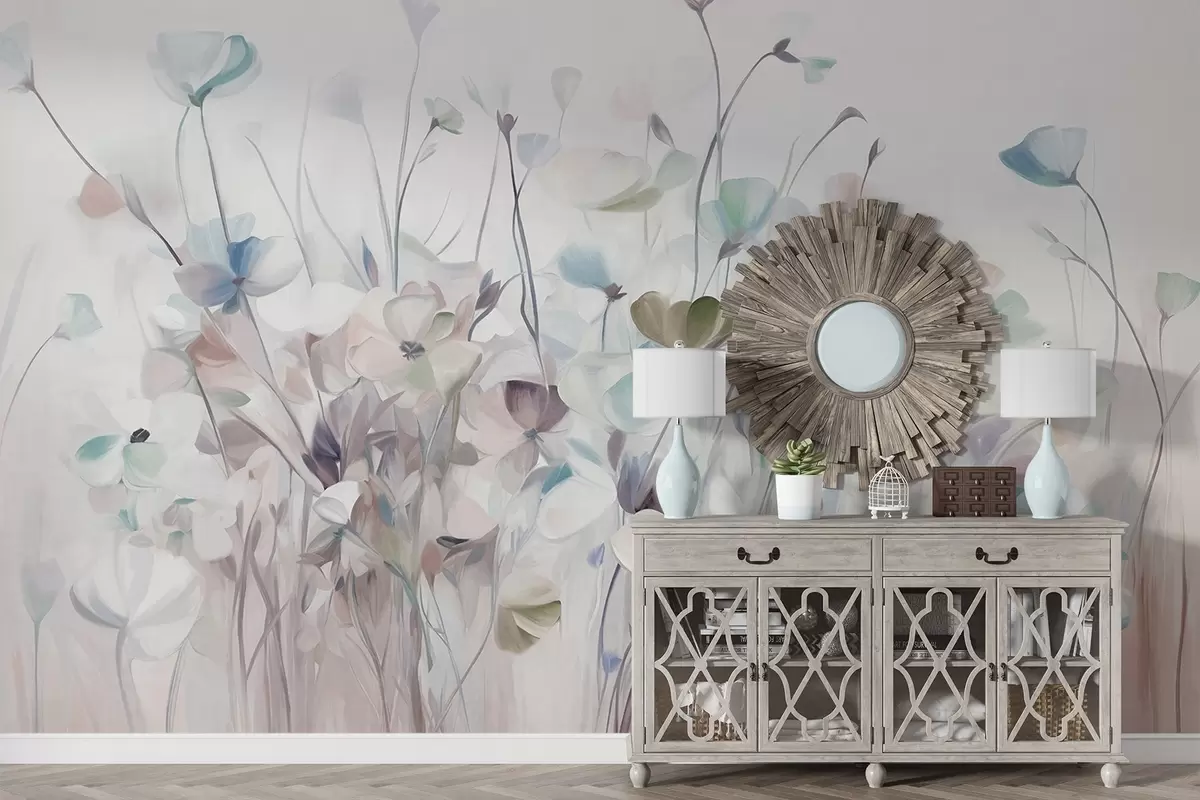 Fotobehang Abstract veld met blauwe en bruine bloemen met lange stelen en bladeren, gestructureerd, pastelkleuren, gedempte kleuren w09466v1