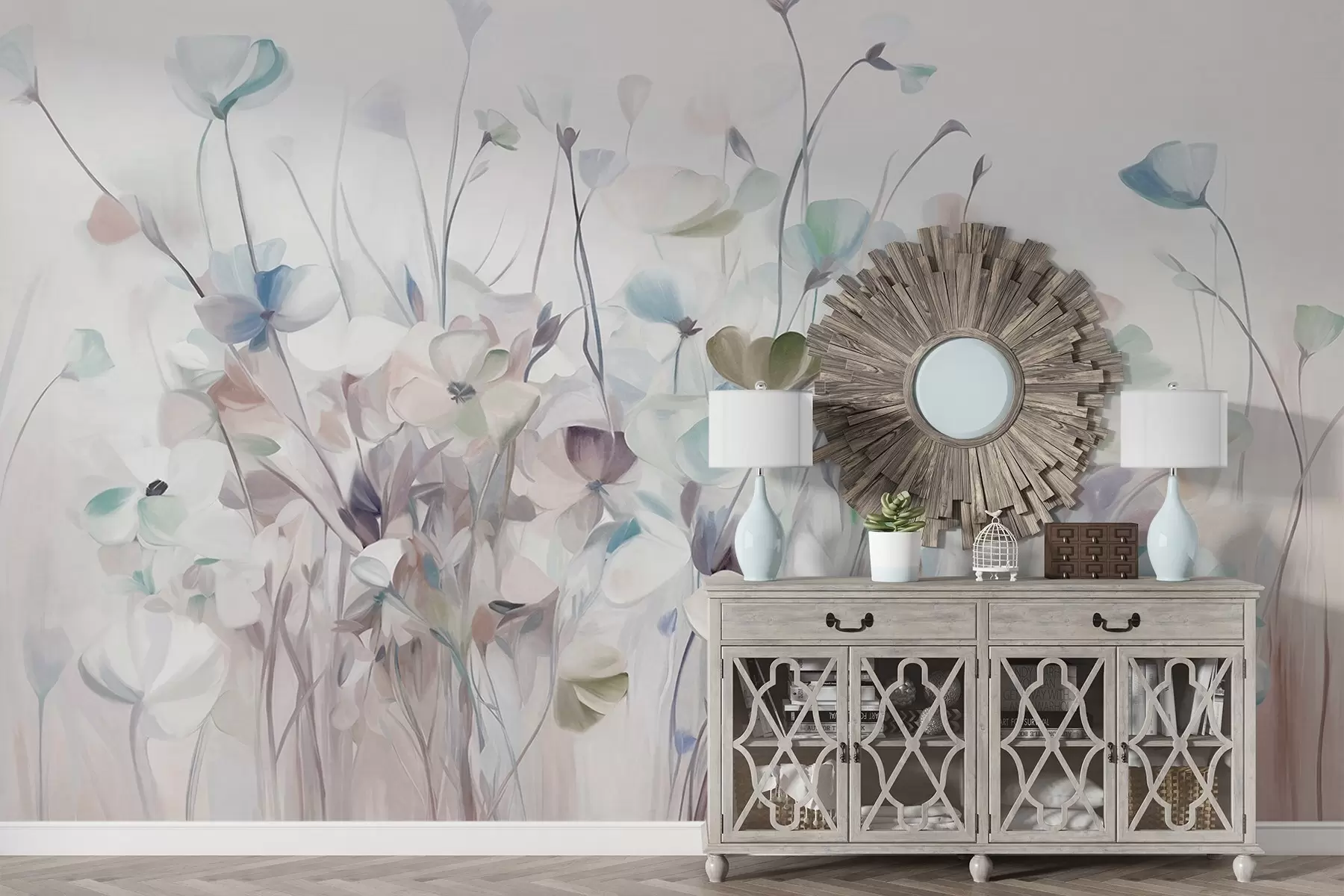 Fotobehang Abstract veld met blauwe en bruine bloemen met lange stelen en bladeren, gestructureerd, pastelkleuren, gedempte kleuren w09466v1