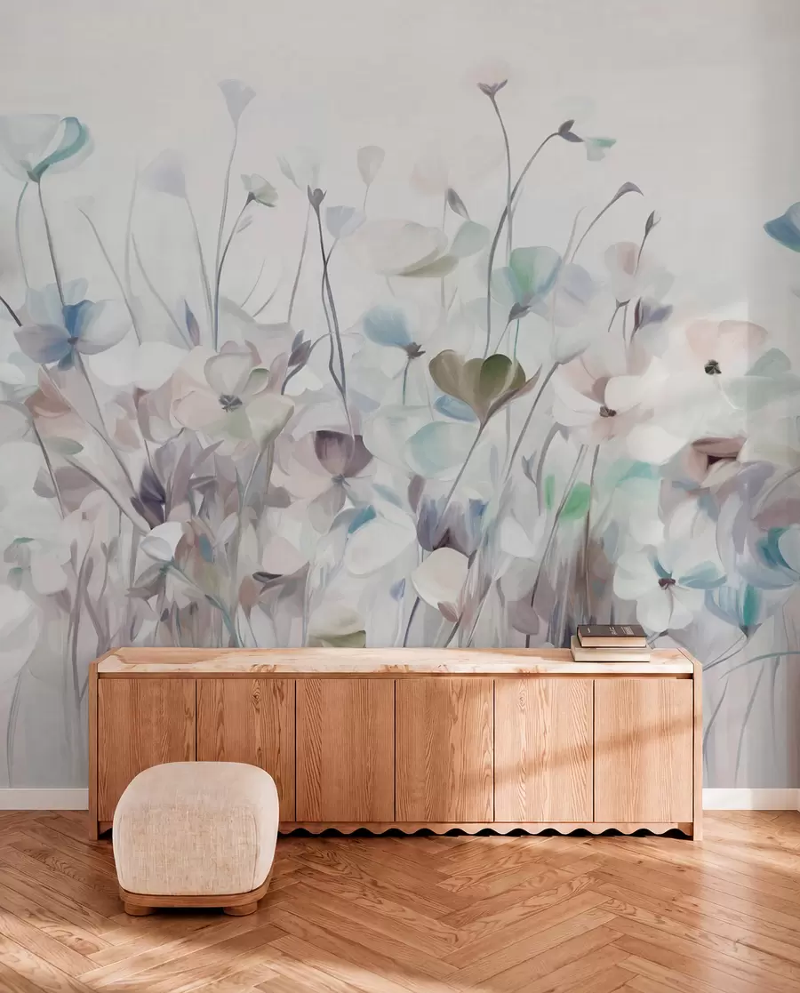 Fotobehang Abstract veld met blauwe en bruine bloemen met lange stelen en bladeren, gestructureerd, pastelkleuren, gedempte kleuren w09466v1