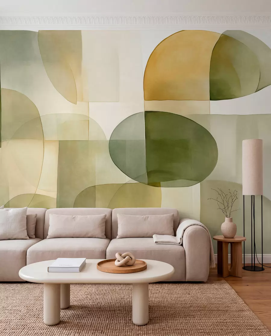 Fotobehang Abstracte vormen met textuur in groene en gele tinten, gedempte kleuren, minimalistische compositie, neutrale achtergrond w09467