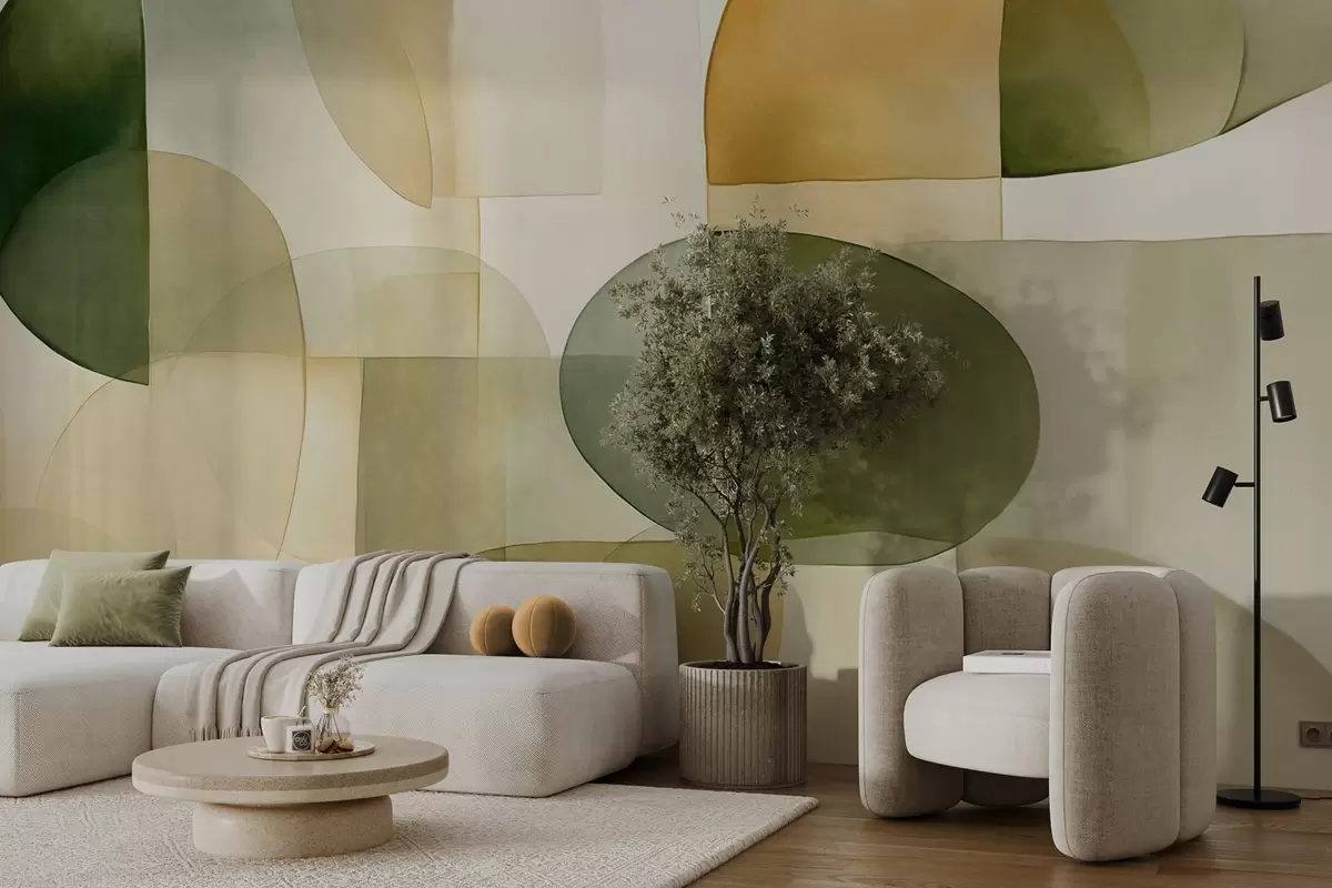 Fotobehang Abstracte vormen met textuur in groene en gele tinten, gedempte kleuren, minimalistische compositie, neutrale achtergrond w09467