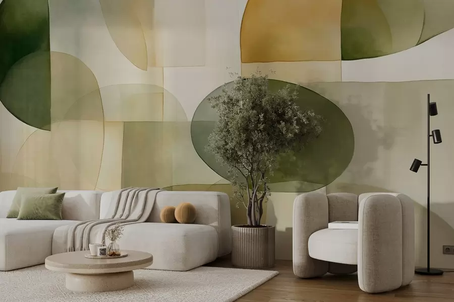 Fotobehang Abstracte vormen met textuur in groene en gele tinten, gedempte kleuren, minimalistische compositie, neutrale achtergrond w09467