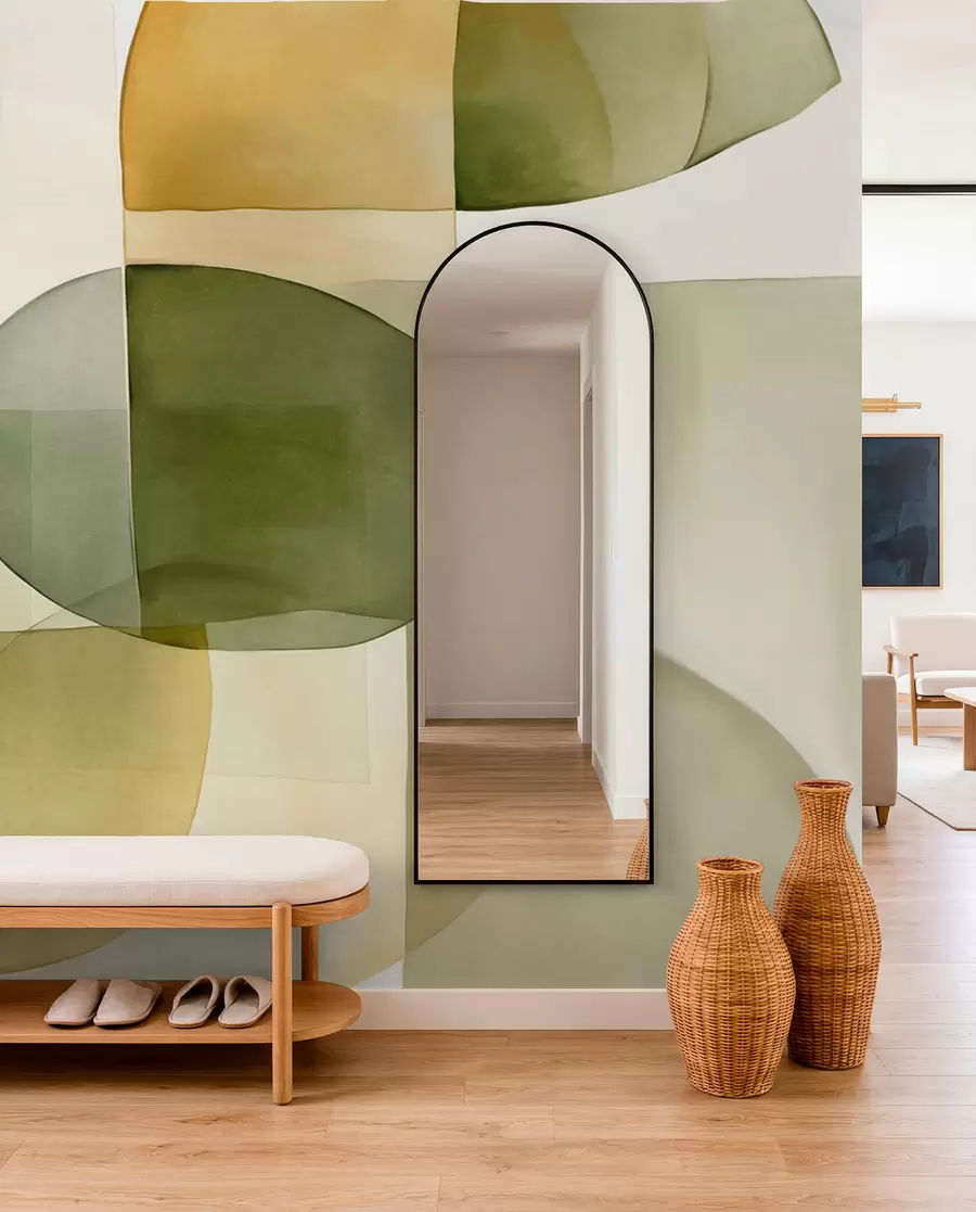 Fotobehang Abstracte vormen met textuur in groene en gele tinten, gedempte kleuren, minimalistische compositie, neutrale achtergrond w09467