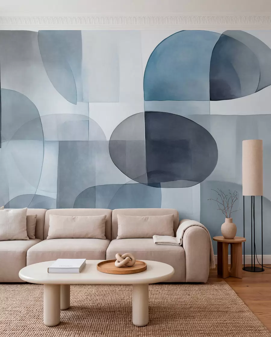 Fotobehang Abstracte vormen met textuur in grijstinten en blauwtinten, gedempte kleuren, minimalistische compositie, neutrale achtergrond w09467v1