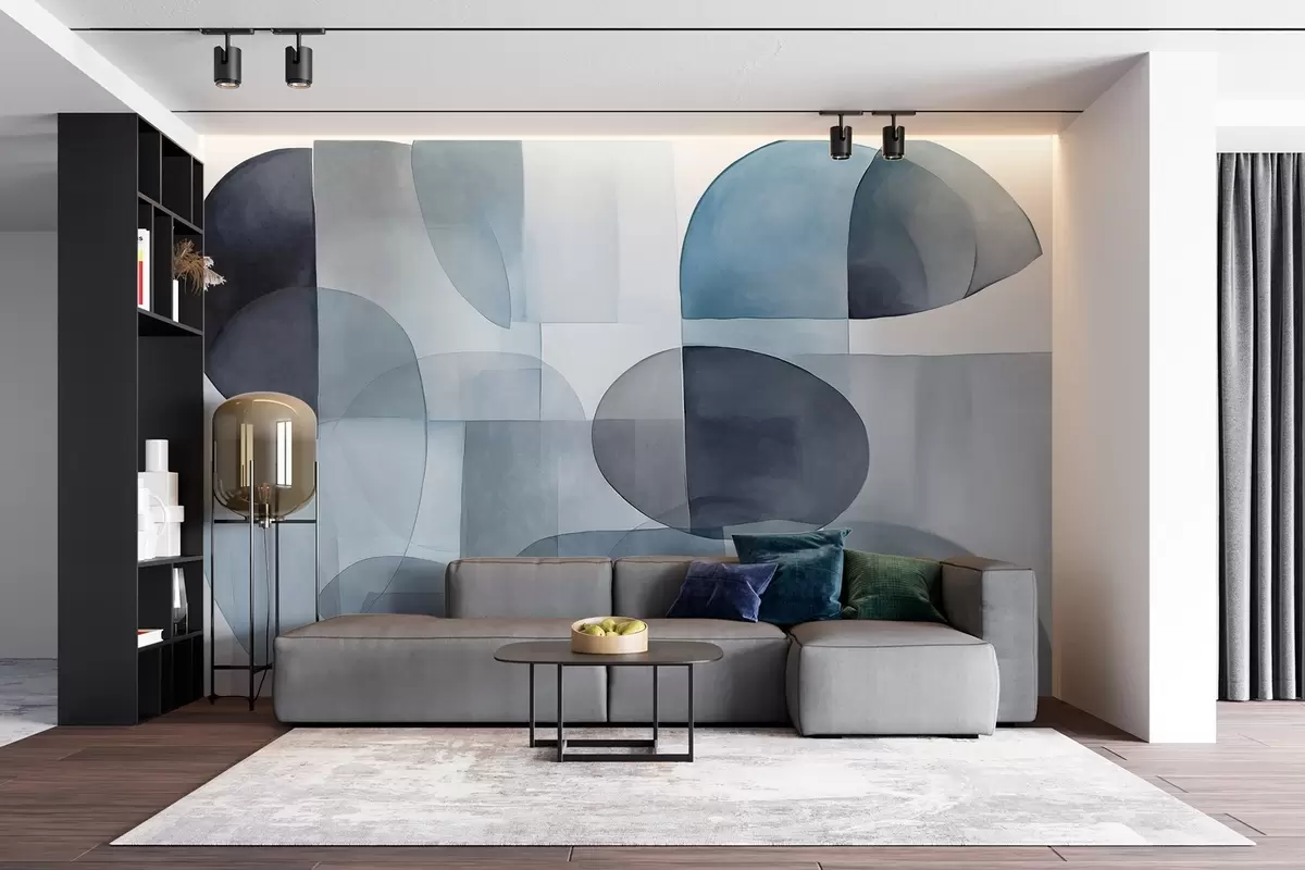 Fotobehang Abstracte vormen met textuur in grijstinten en blauwtinten, gedempte kleuren, minimalistische compositie, neutrale achtergrond w09467v1