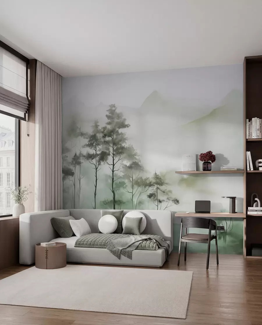 Fotobehang Mistig landschap met hoge bomen en bergen in gedempte groene en grijze tinten, minimalistische stijl, met textuur w09469