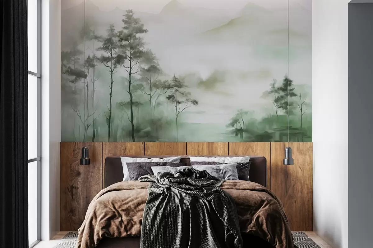 Fotobehang Mistig landschap met hoge bomen en bergen in gedempte groene en grijze tinten, minimalistische stijl, met textuur w09469
