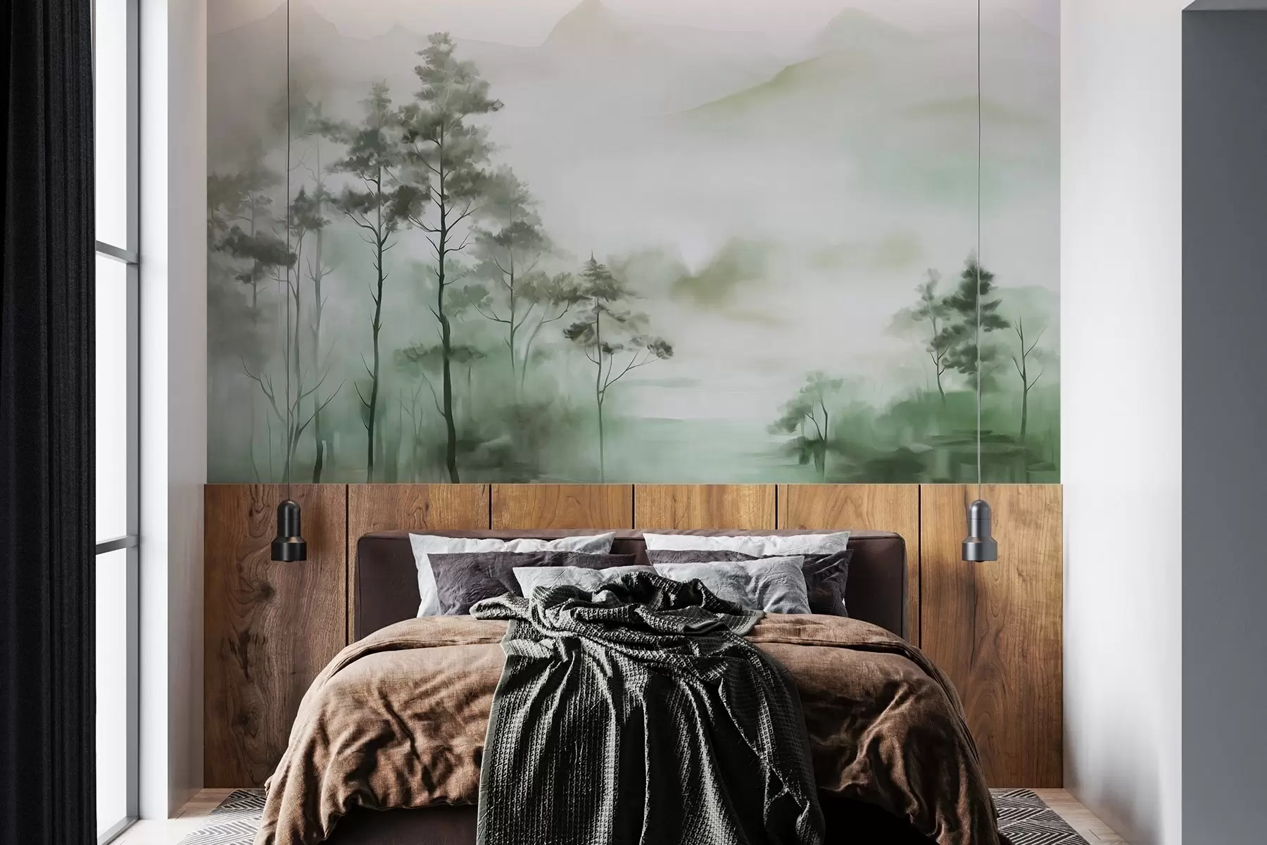 Fotobehang Mistig landschap met hoge bomen en bergen in gedempte groene en grijze tinten, minimalistische stijl, met textuur w09469