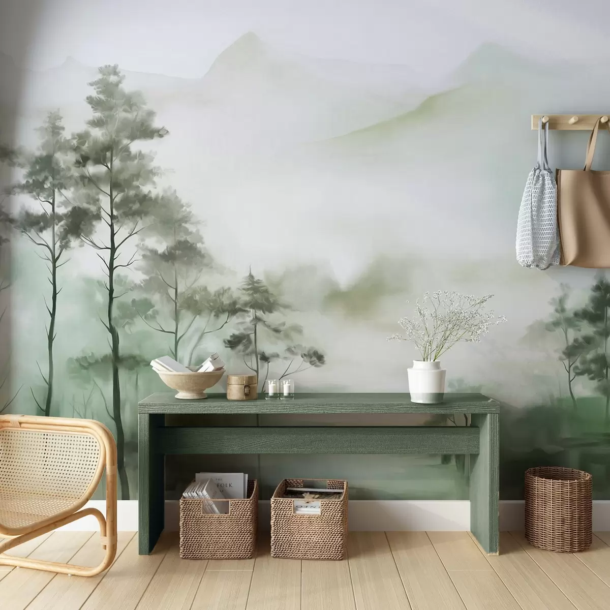 Fotobehang Mistig landschap met hoge bomen en bergen in gedempte groene en grijze tinten, minimalistische stijl, met textuur w09469