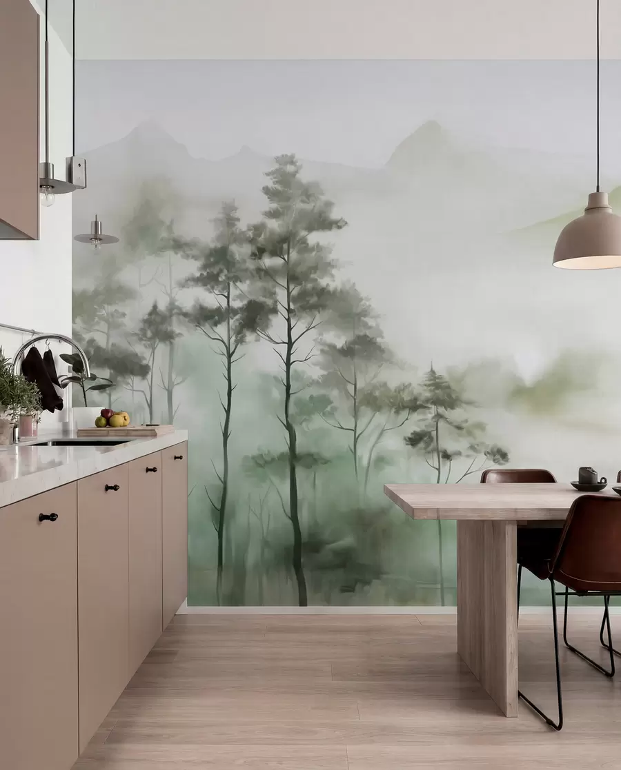 Fotobehang Mistig landschap met hoge bomen en bergen in gedempte groene en grijze tinten, minimalistische stijl, met textuur w09469