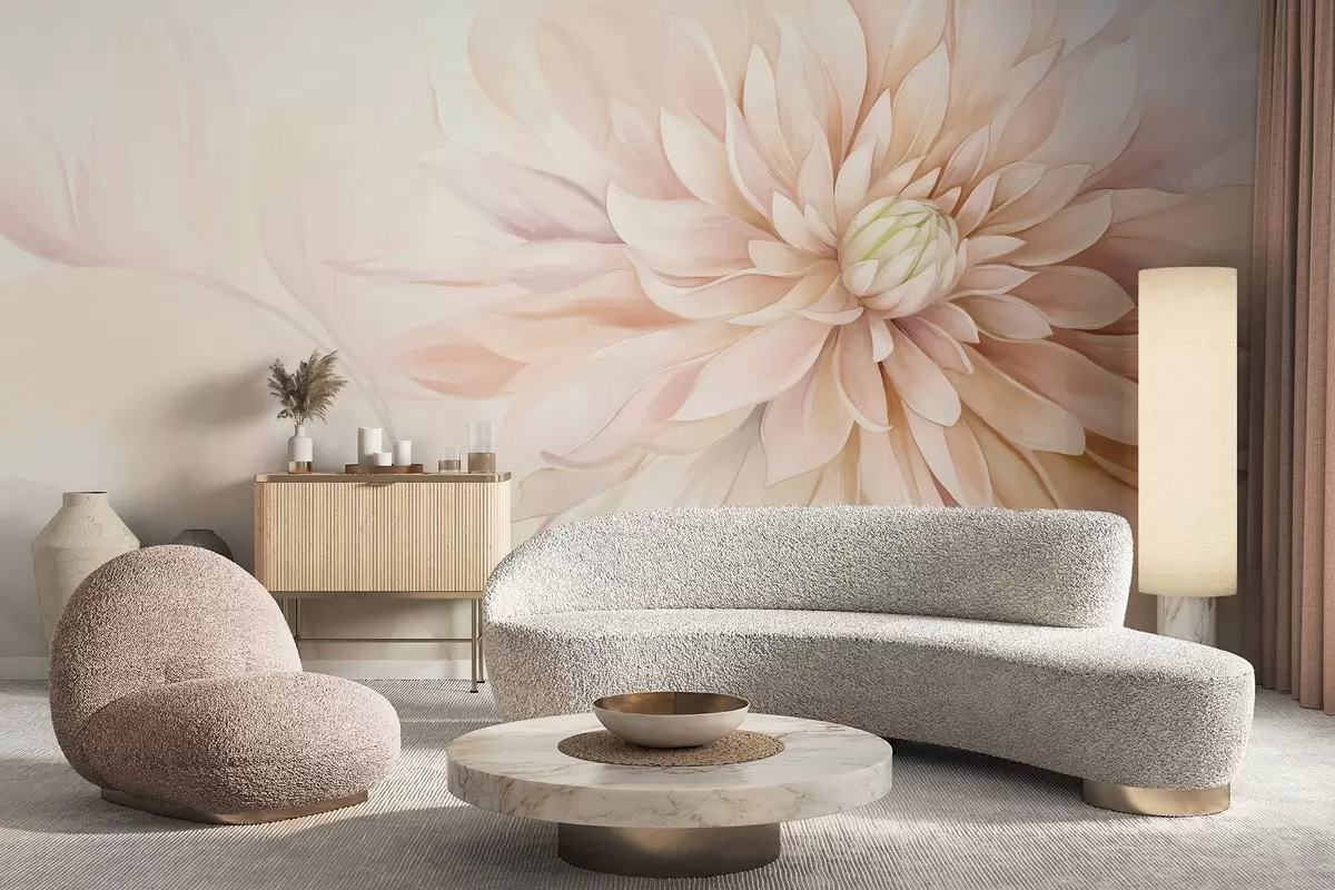 Fotobehang Een lichtroze dahlia met veel bloemblaadjes, zachte pastelkleurige achtergrond met hints van groen en beige w09470