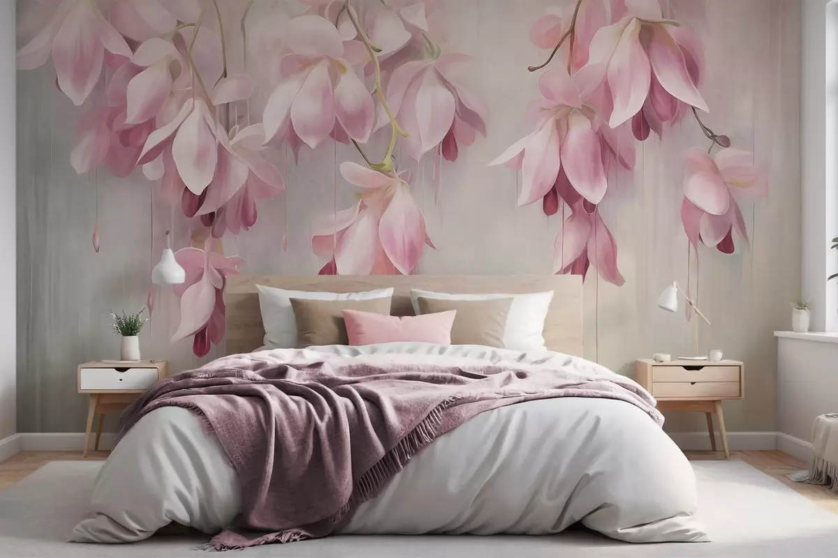 Fotobehang Hangende roze bloemen, lichtgrijze achtergrond, bloemenpatroon, botanische kunst, pastelkleuren w09471