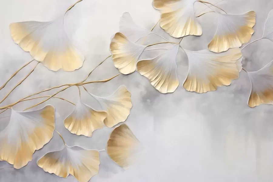 Fotobehang Ginkgo biloba-bladeren met gele randen op een tak, grijze gestructureerde achtergrond, elegant en minimalistisch ontwerp w09472