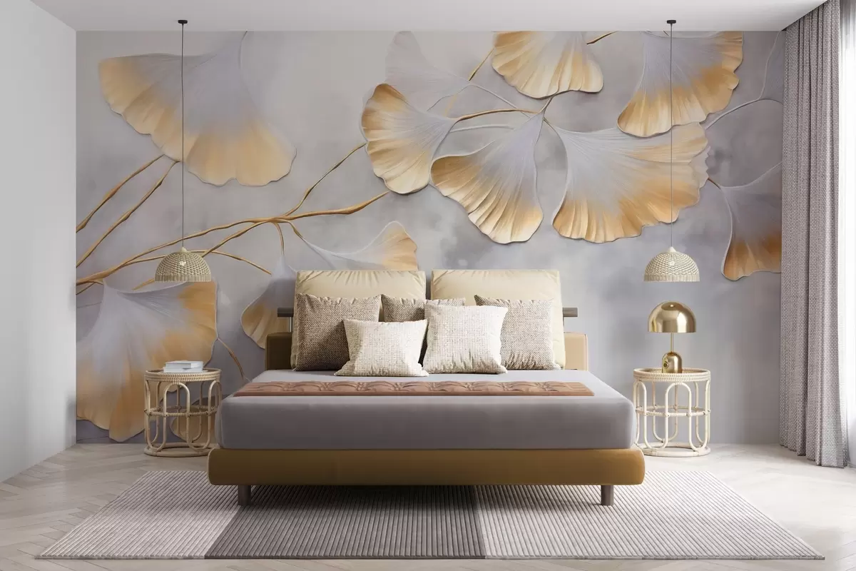 Fotobehang Ginkgo biloba-bladeren met gele randen op een tak, grijze gestructureerde achtergrond, elegant en minimalistisch ontwerp w09472