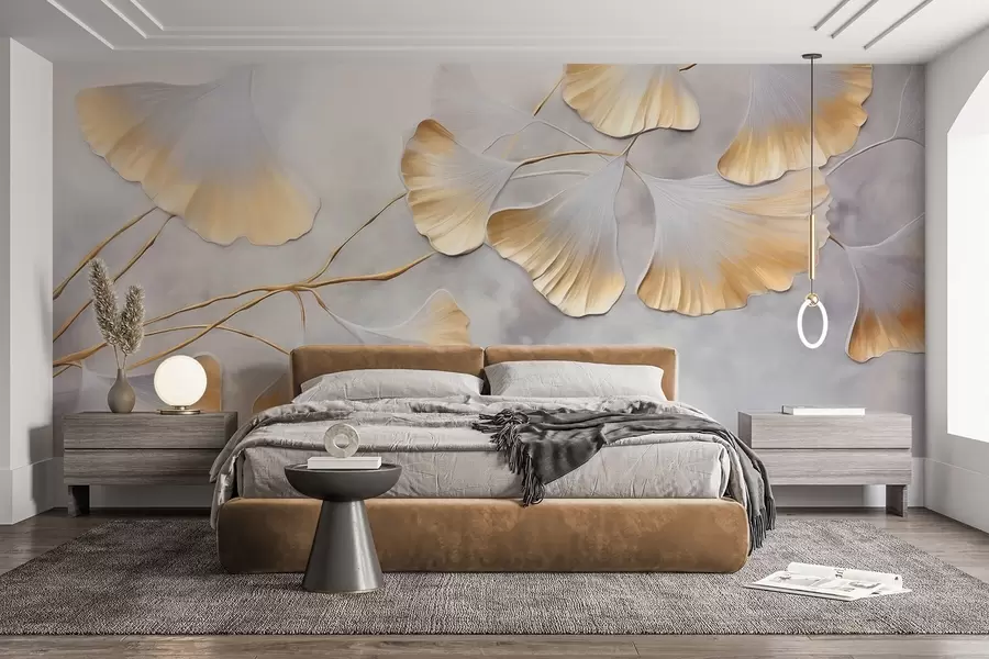 Fotobehang Ginkgo biloba-bladeren met gele randen op een tak, grijze gestructureerde achtergrond, elegant en minimalistisch ontwerp w09472