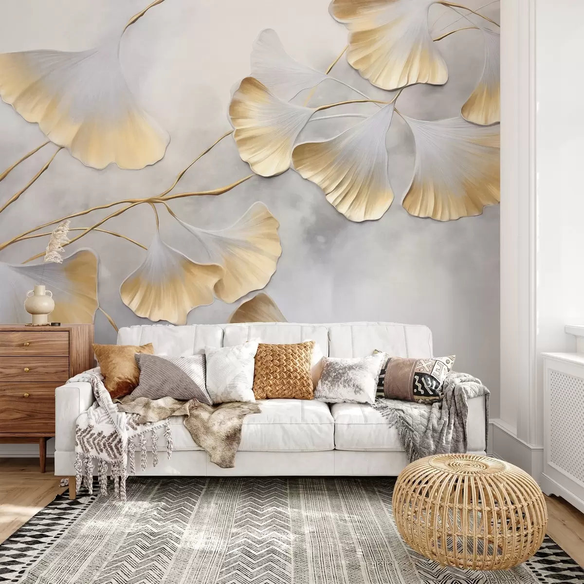 Fotobehang Ginkgo biloba-bladeren met gele randen op een tak, grijze gestructureerde achtergrond, elegant en minimalistisch ontwerp w09472