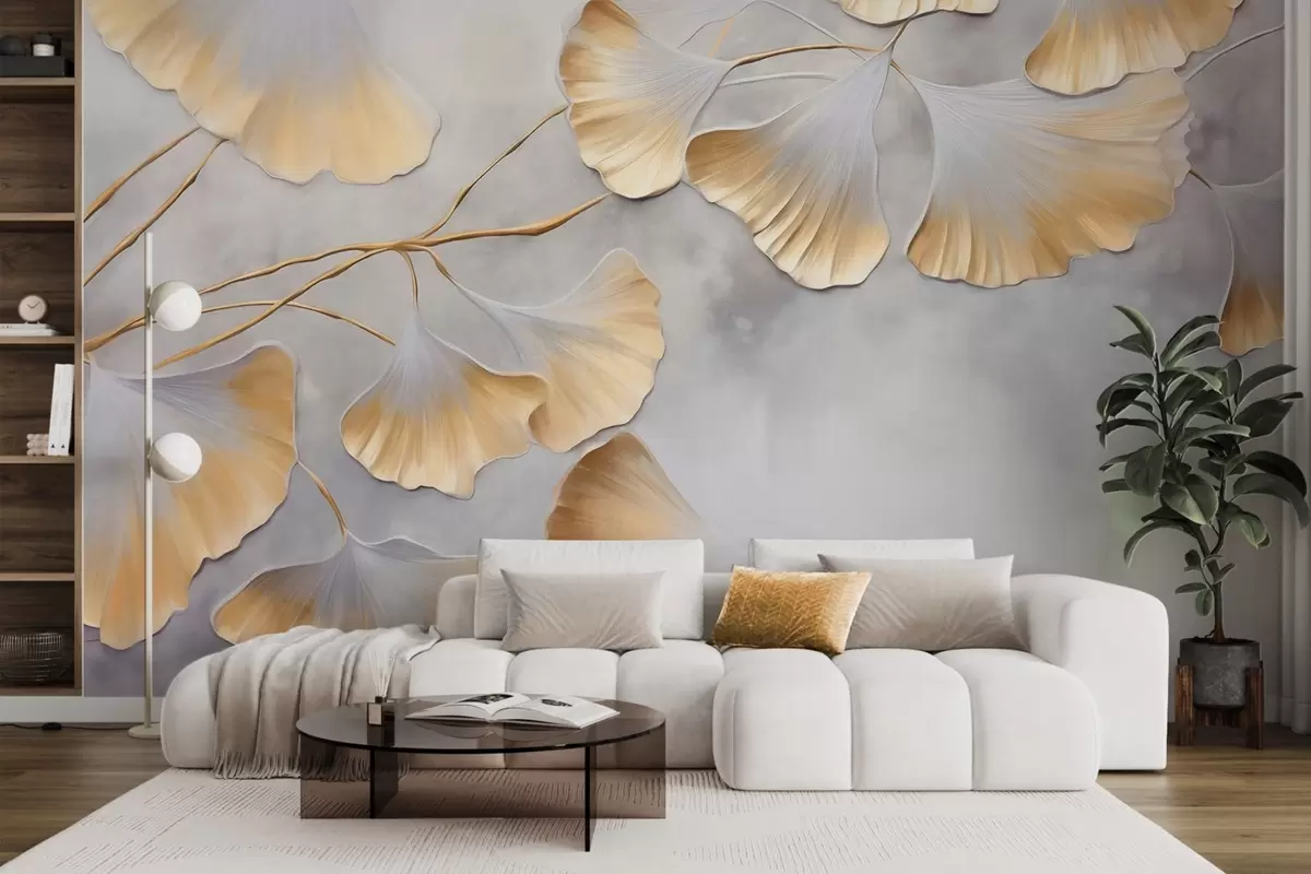 Fotobehang Ginkgo biloba-bladeren met gele randen op een tak, grijze gestructureerde achtergrond, elegant en minimalistisch ontwerp w09472