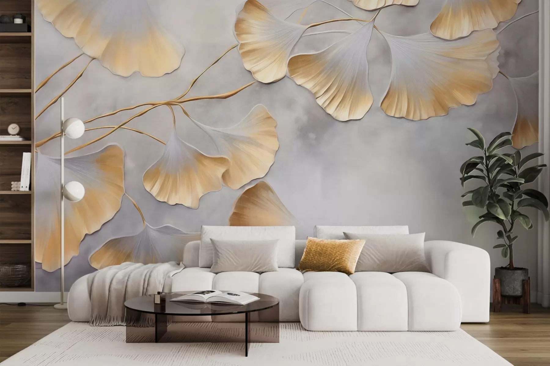 Fotobehang Ginkgo biloba-bladeren met gele randen op een tak, grijze gestructureerde achtergrond, elegant en minimalistisch ontwerp w09472