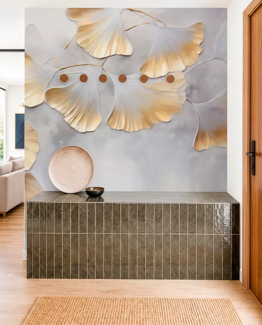 Fotobehang Ginkgo biloba-bladeren met gele randen op een tak, grijze gestructureerde achtergrond, elegant en minimalistisch ontwerp w09472
