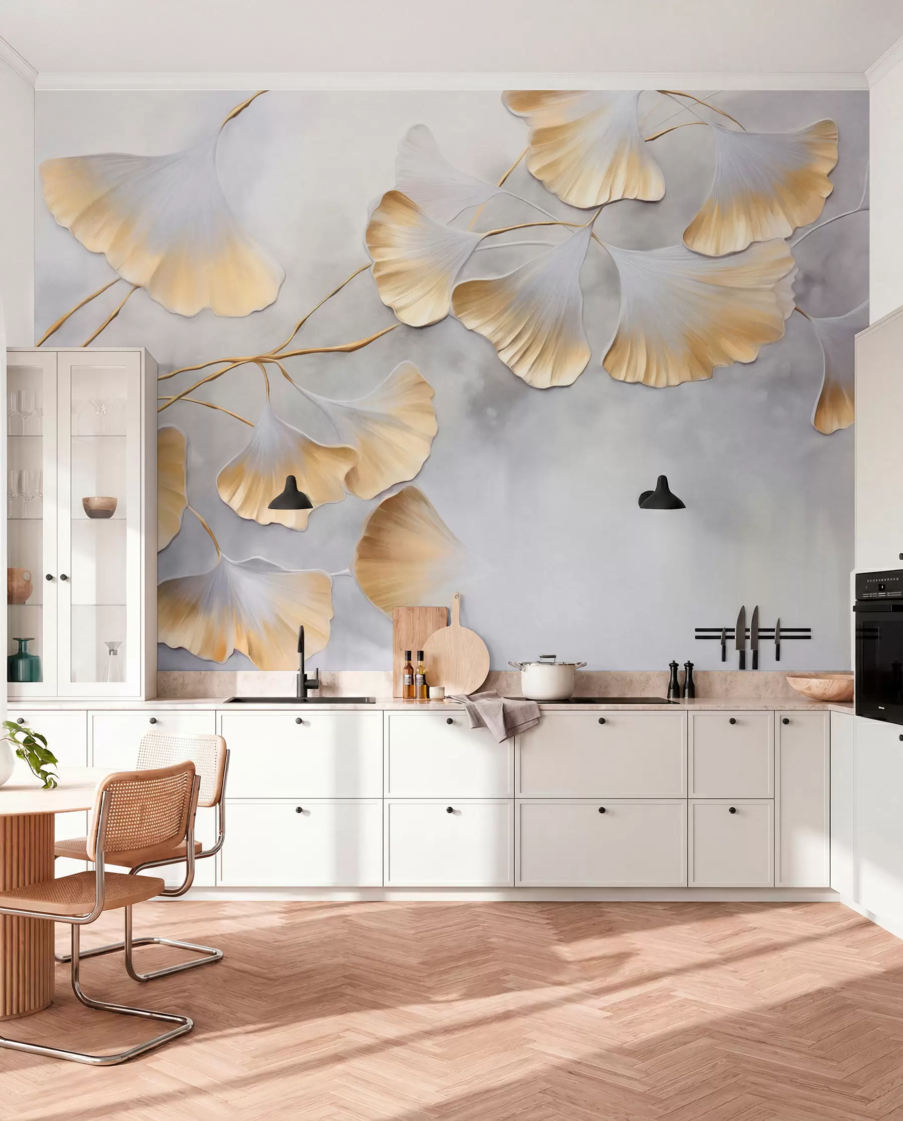 Fotobehang Ginkgo biloba-bladeren met gele randen op een tak, grijze gestructureerde achtergrond, elegant en minimalistisch ontwerp w09472