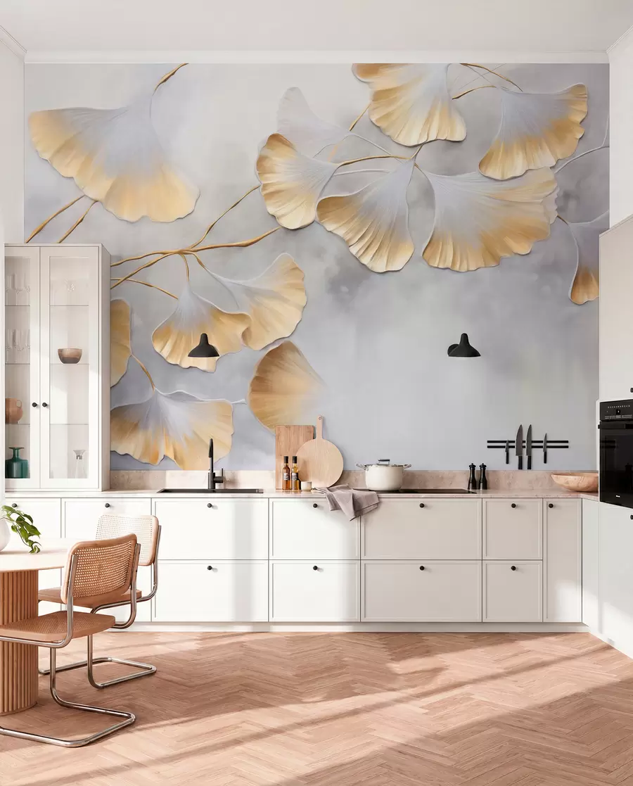 Fotobehang Ginkgo biloba-bladeren met gele randen op een tak, grijze gestructureerde achtergrond, elegant en minimalistisch ontwerp w09472