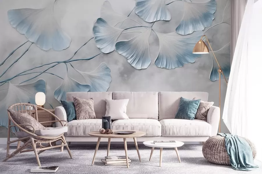 Fotobehang Ginkgo biloba-bladeren met blauwe randen op een tak, grijze gestructureerde achtergrond, elegant en minimalistisch ontwerp w09472v1