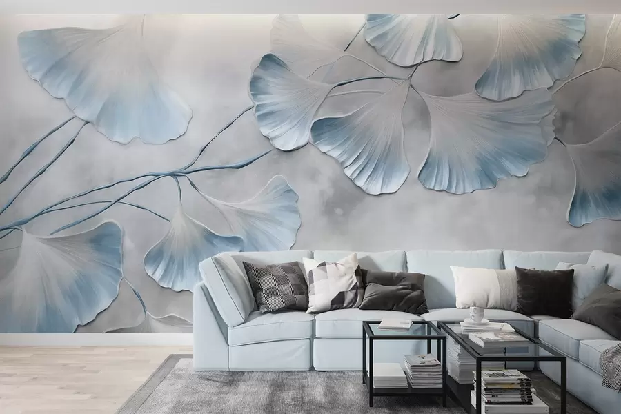 Fotobehang Ginkgo biloba-bladeren met blauwe randen op een tak, grijze gestructureerde achtergrond, elegant en minimalistisch ontwerp w09472v1