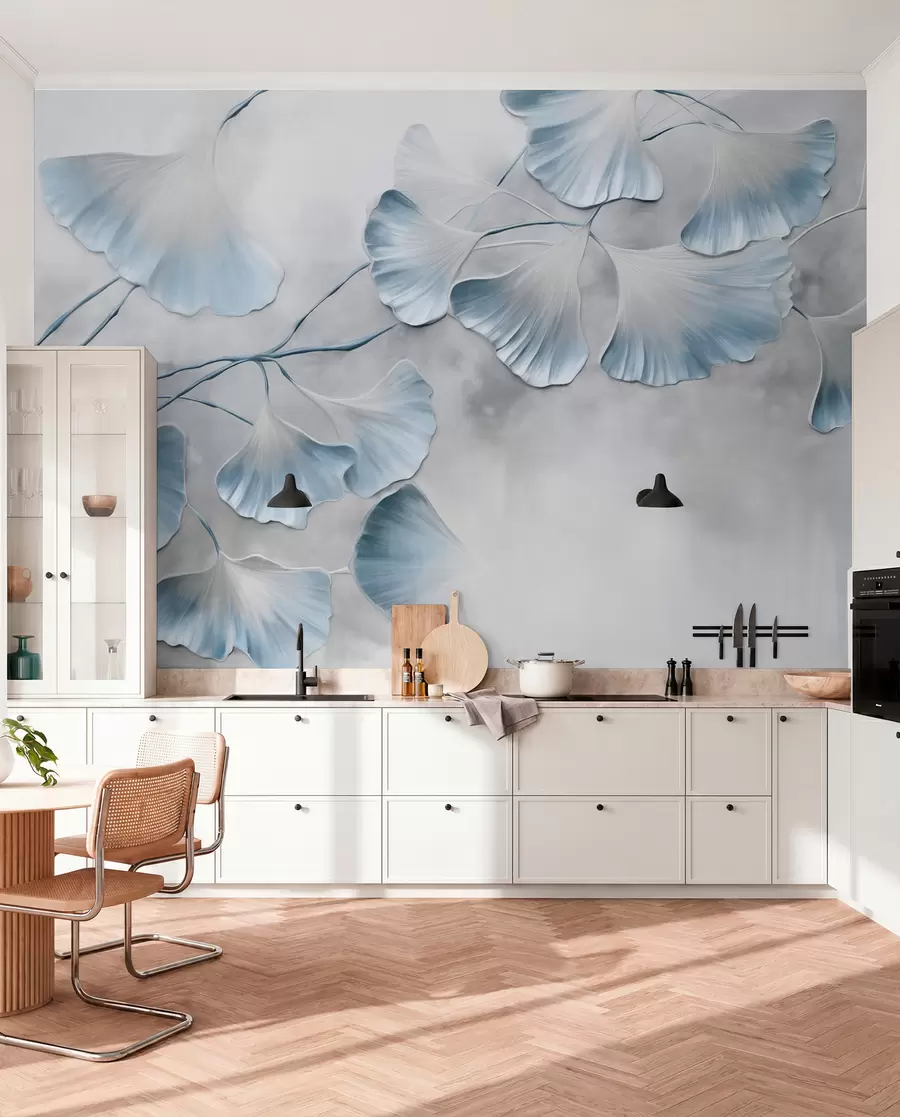 Fotobehang Ginkgo biloba-bladeren met blauwe randen op een tak, grijze gestructureerde achtergrond, elegant en minimalistisch ontwerp w09472v1