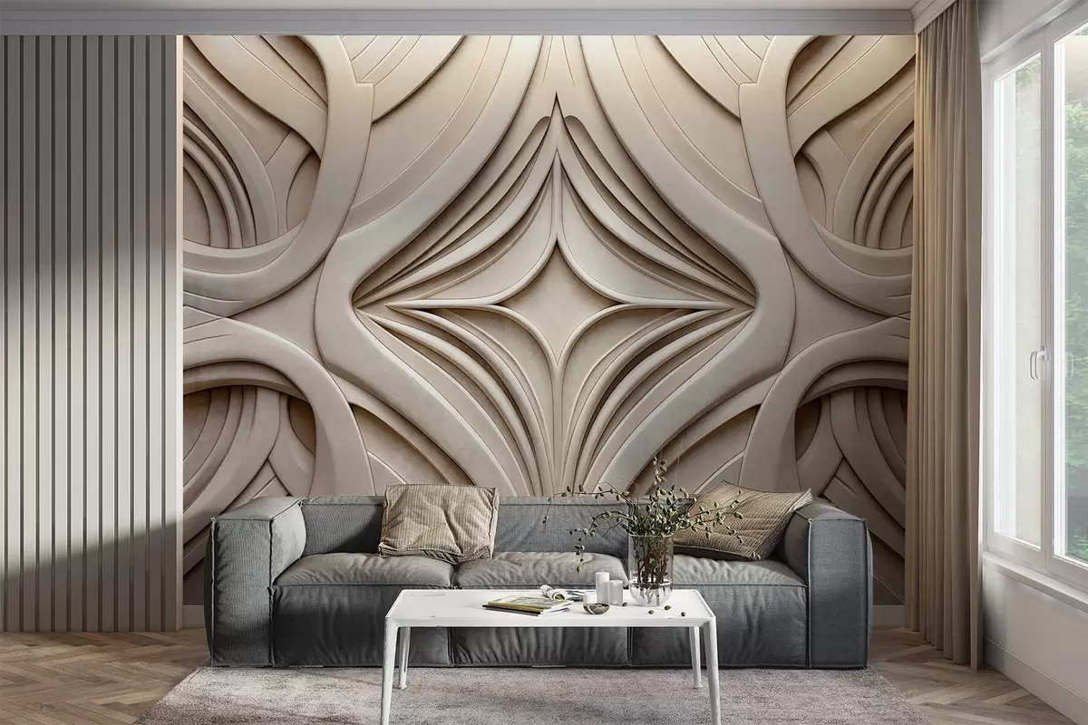 Fotobehang Abstracte symmetrische geometrische print met textuur, lichtbeige kleur, art-decostijl, gedetailleerde details w09473